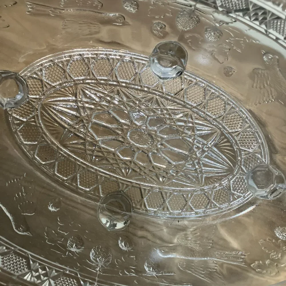 Antique EAPG Indiana Glass Footed Bowl + Creamer Set Birds Strawberries Pattern
